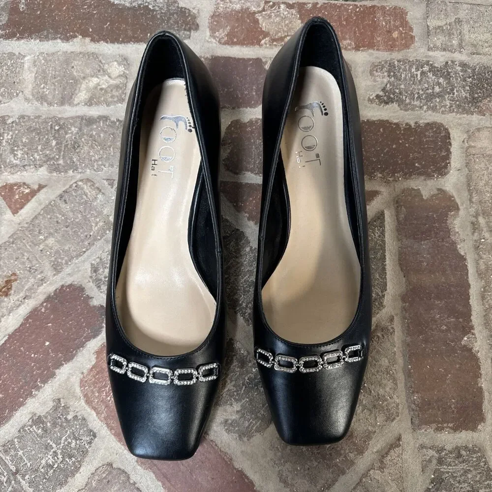 Foot Ha! Womens‎ Chunky Heels Shoes Sz 9.5 Black Slip On Shoe With Embellishing